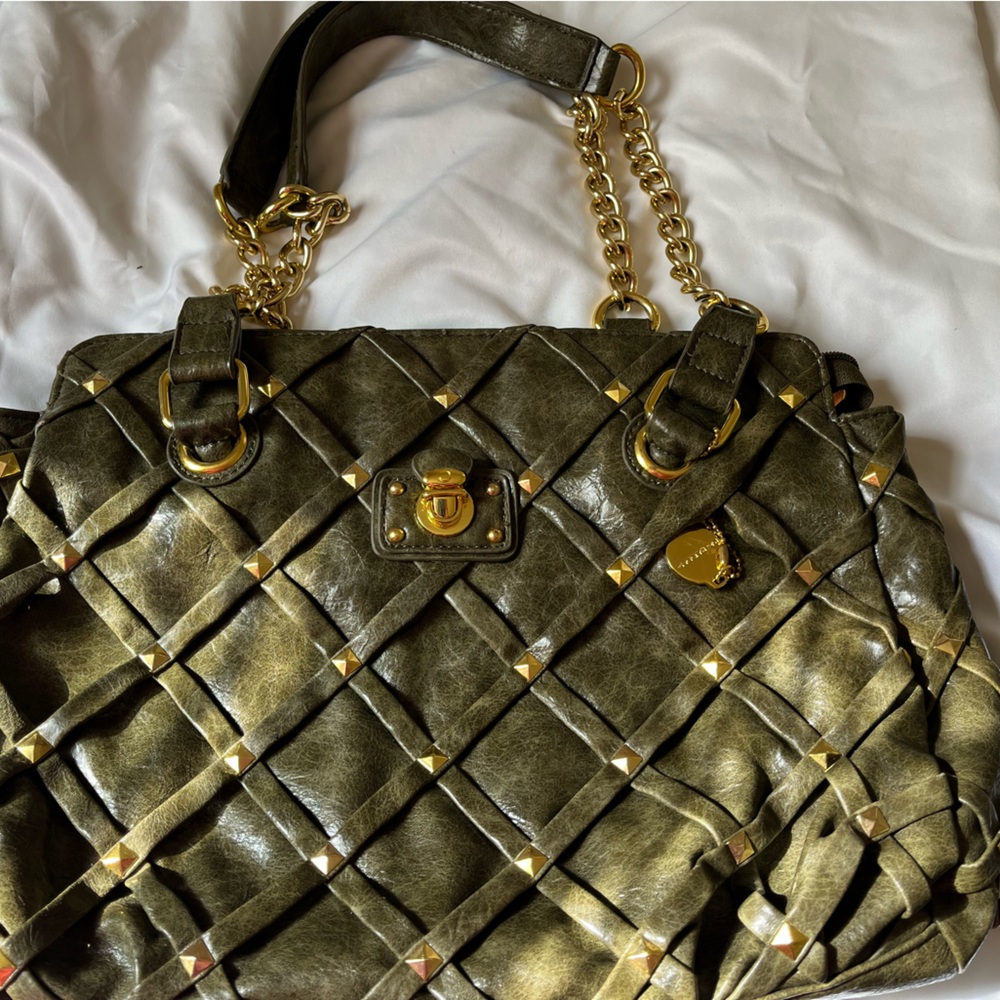 Big Buddha green shoulder bag. Measures 11 x13x4 inches.